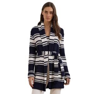 Ralph Lauren Women Navy Stripe Cotton Blend Knit Classic Belted Cardigan Size M